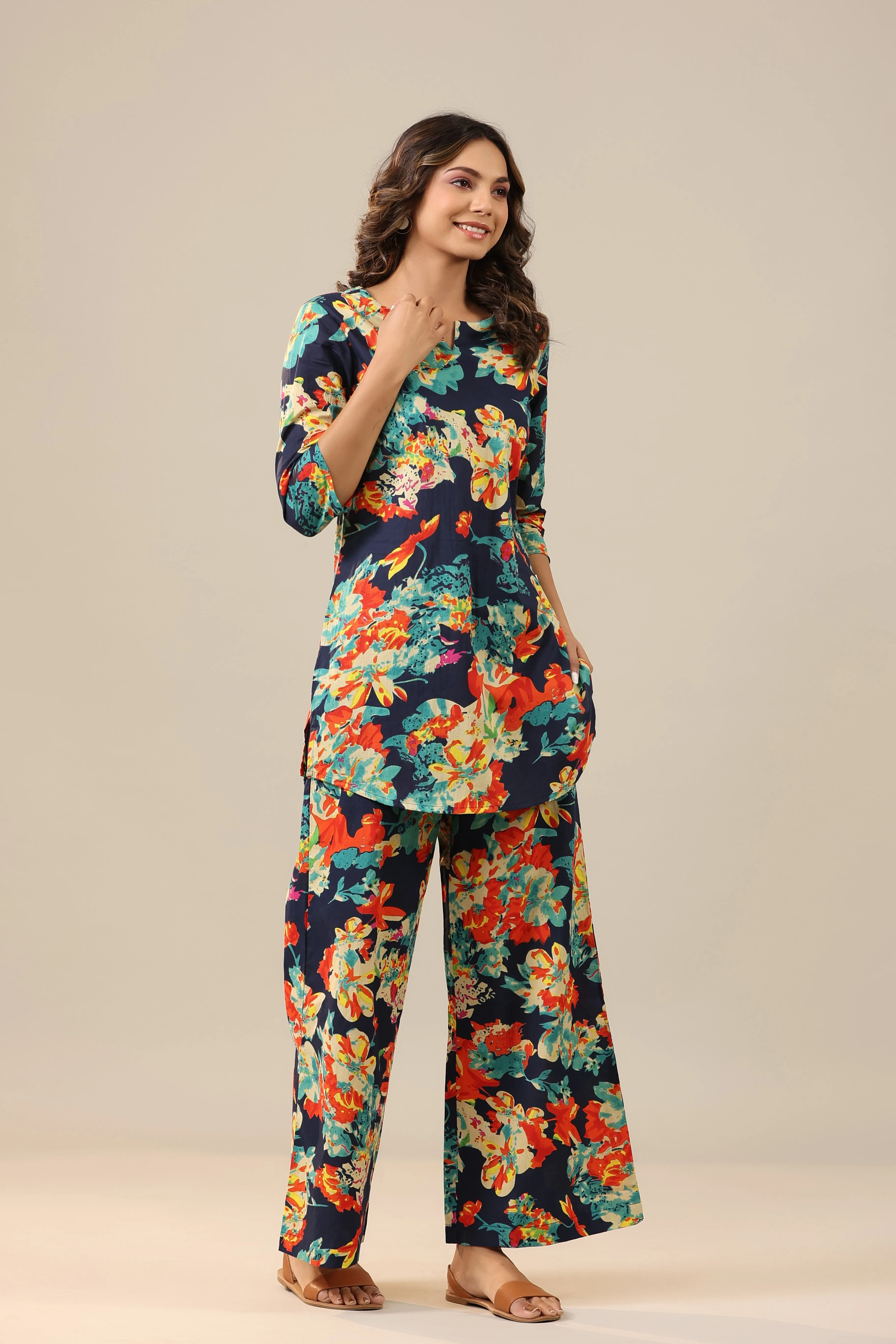 Abstract Pop Jaal on Blue Cotton Palazzo Loungewear Set