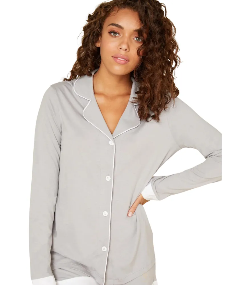 AMOBD9645 Dove Grey/White Bella Long Sleeve PJ's Boxer Set