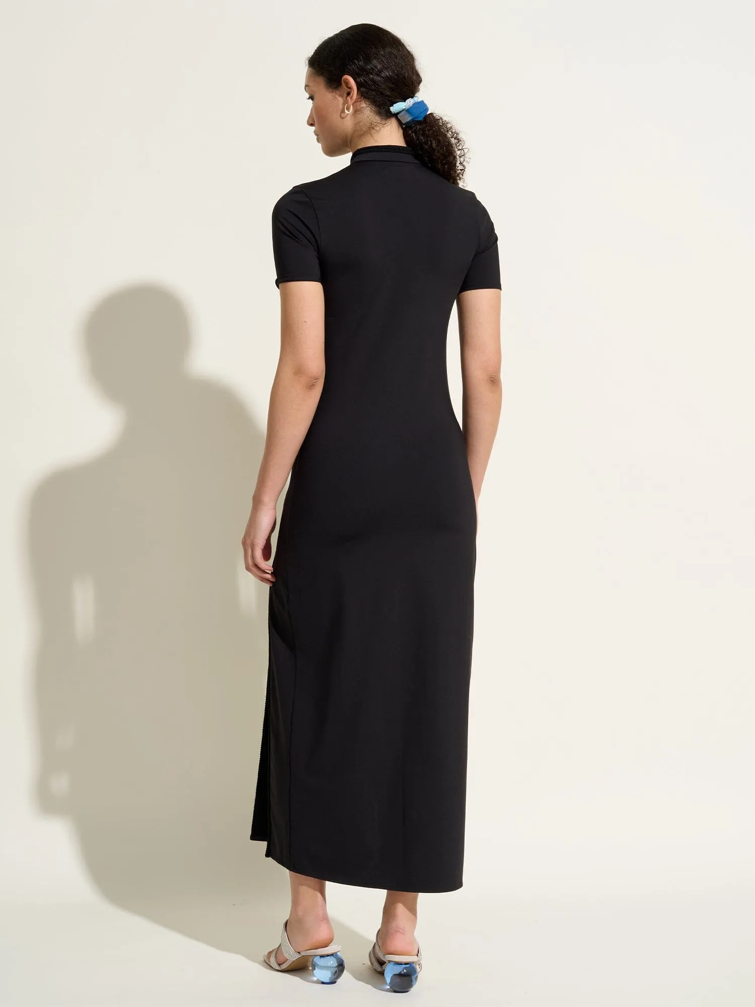 ANAIS - Robe longue fendue à décolleté goutte d'eau en jersey Oeko-Tex Noir