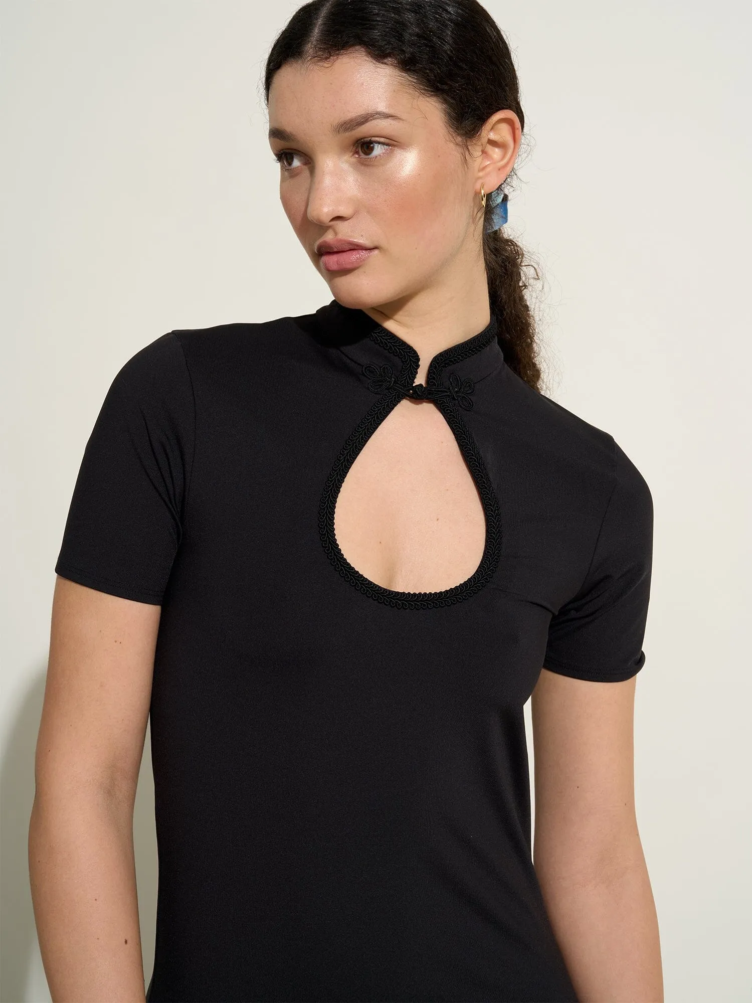 ANAIS - Robe longue fendue à décolleté goutte d'eau en jersey Oeko-Tex Noir