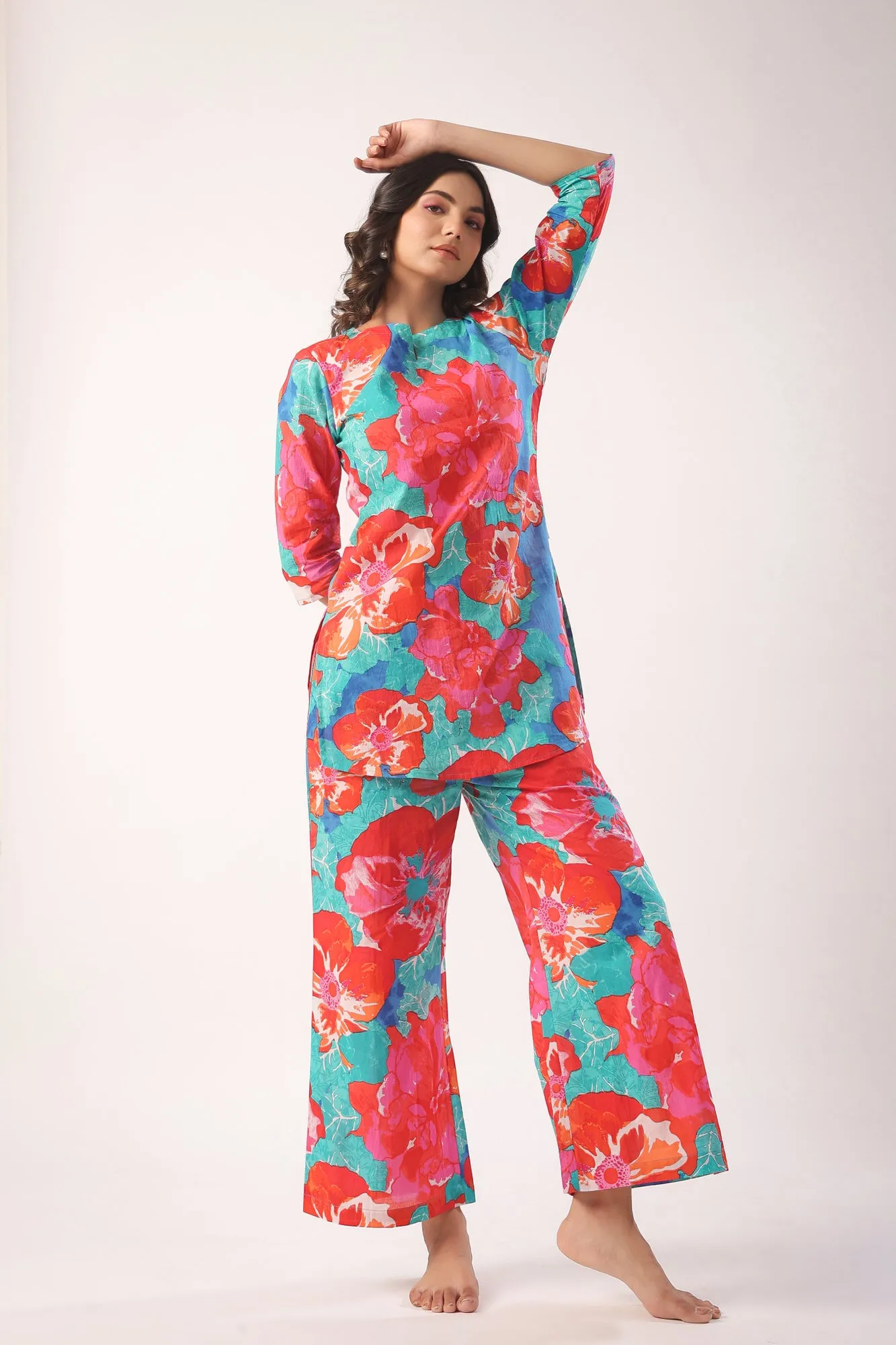 Artistic Bloom Cotton Palazzo Loungewear Set