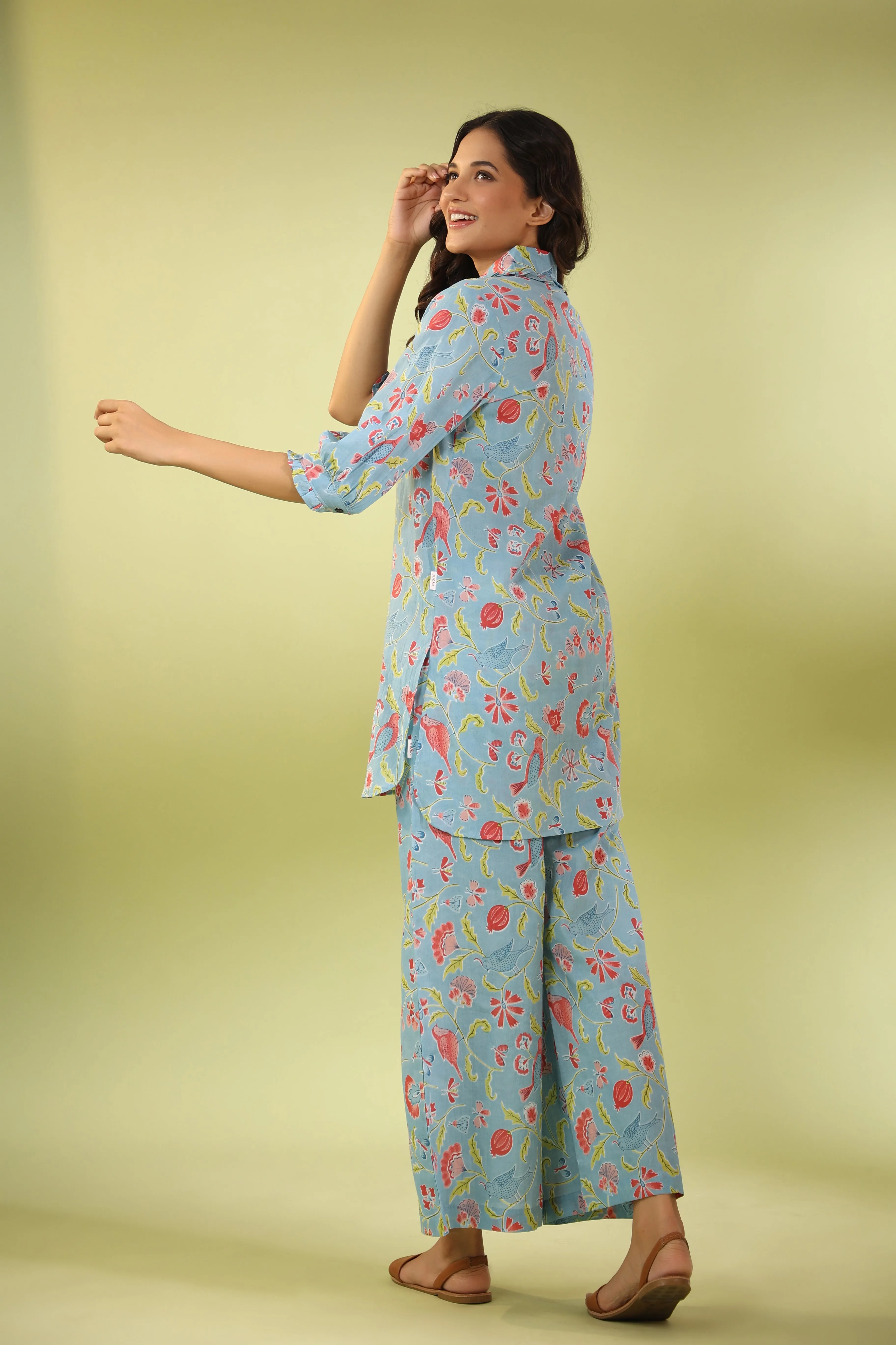 Birdsong Soirée on Light blue Cotton Loungewear Set