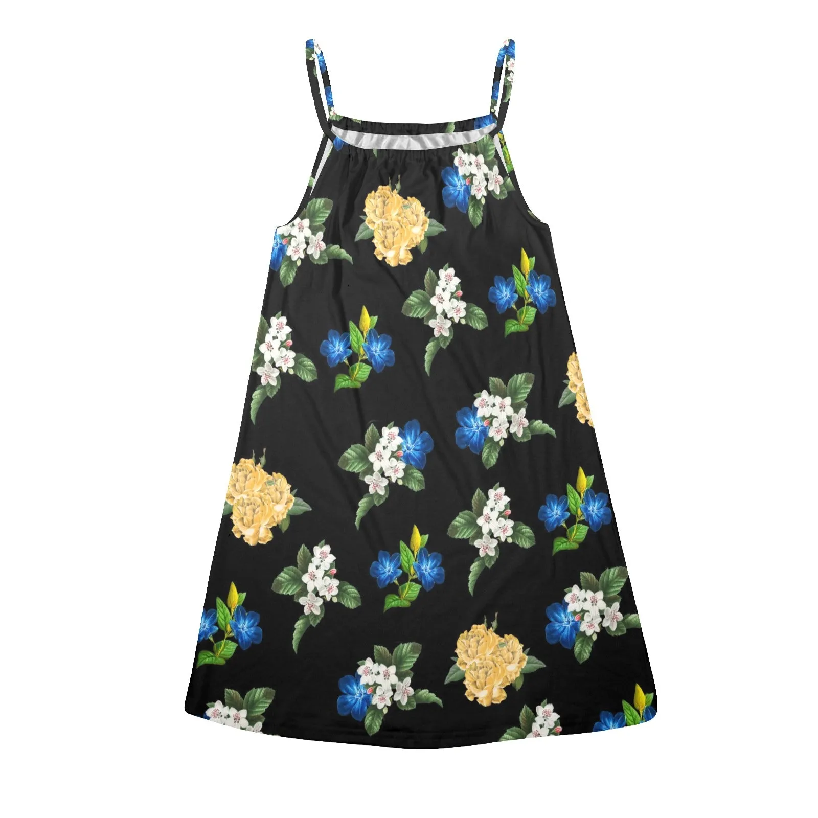 black back med size blue gold white floral print Drawstring Neck Sleeveless Dress (Model D68)