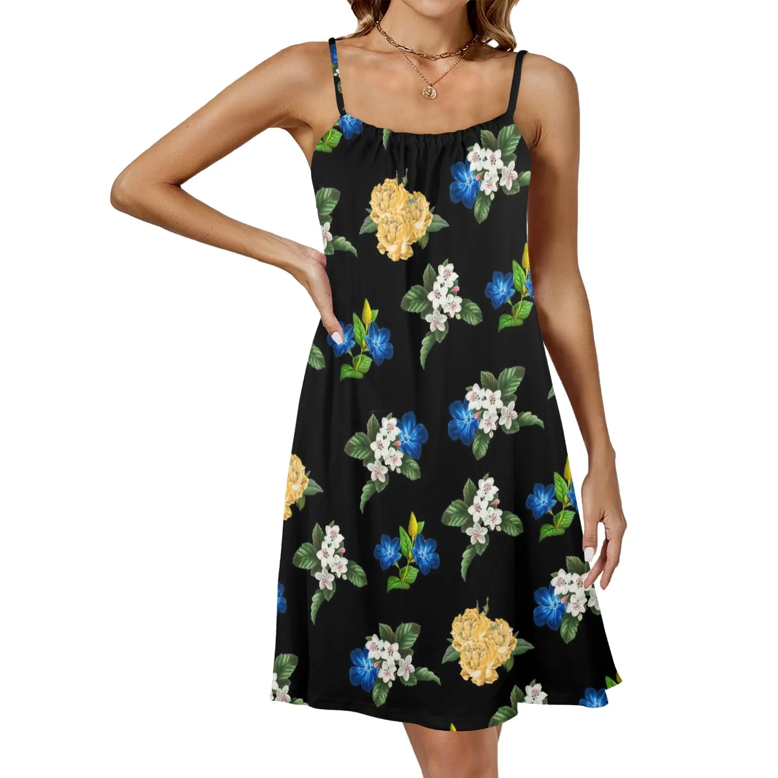 black back med size blue gold white floral print Drawstring Neck Sleeveless Dress (Model D68)