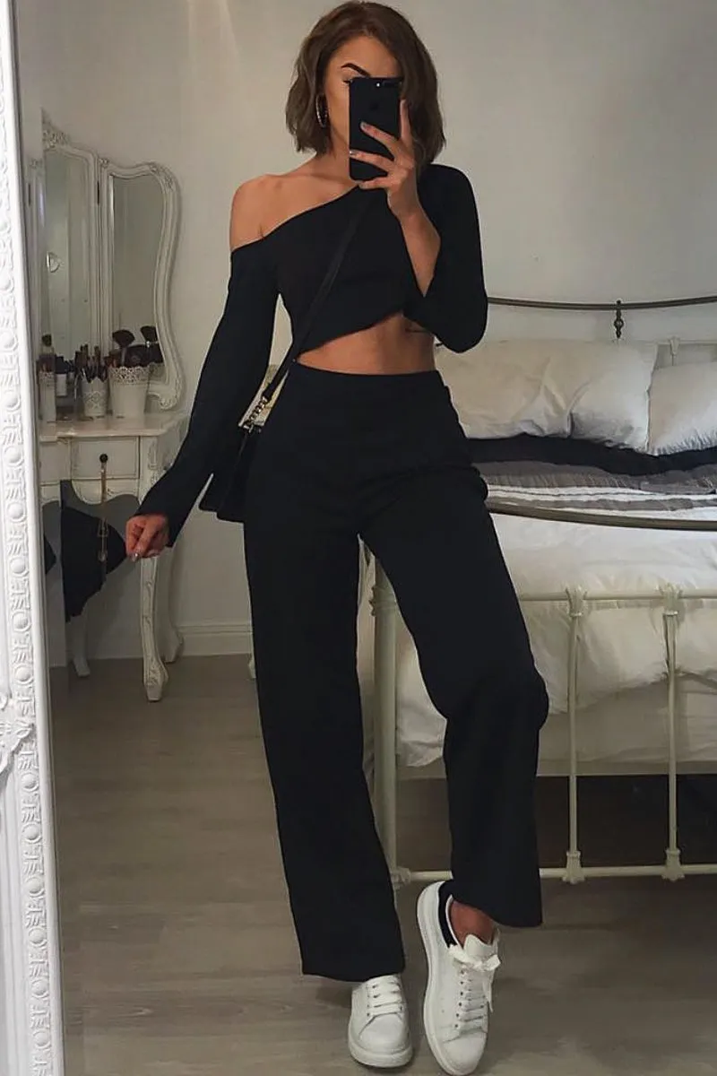 Black Off Shoulder Loungewear Set - Emarie