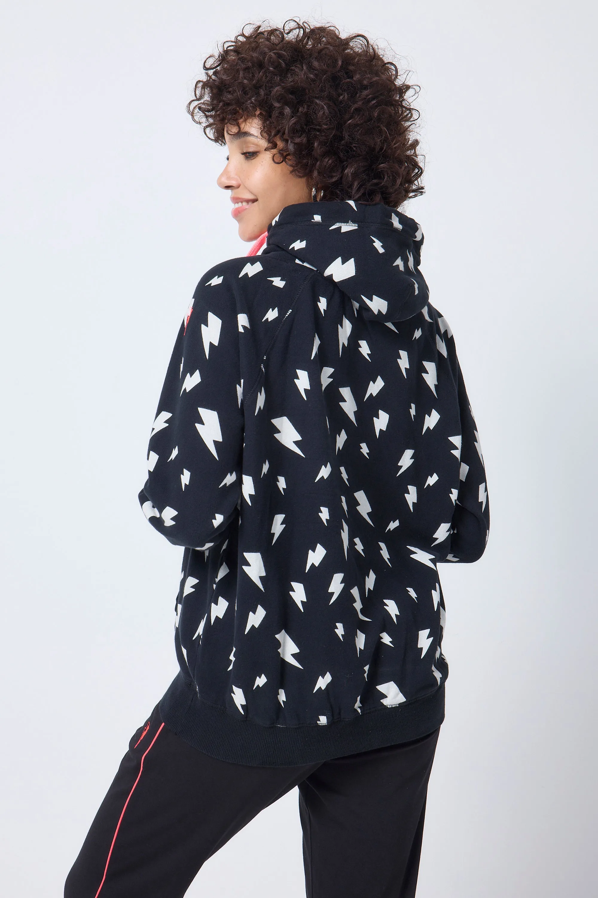 Black with White Lightning Bolt Cowl Neck Hoodie