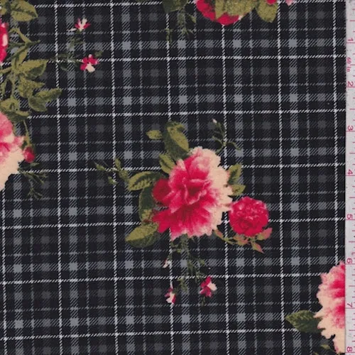 Black/Raspberry Plaid Floral Double Brushed Jersey Knit Fabric