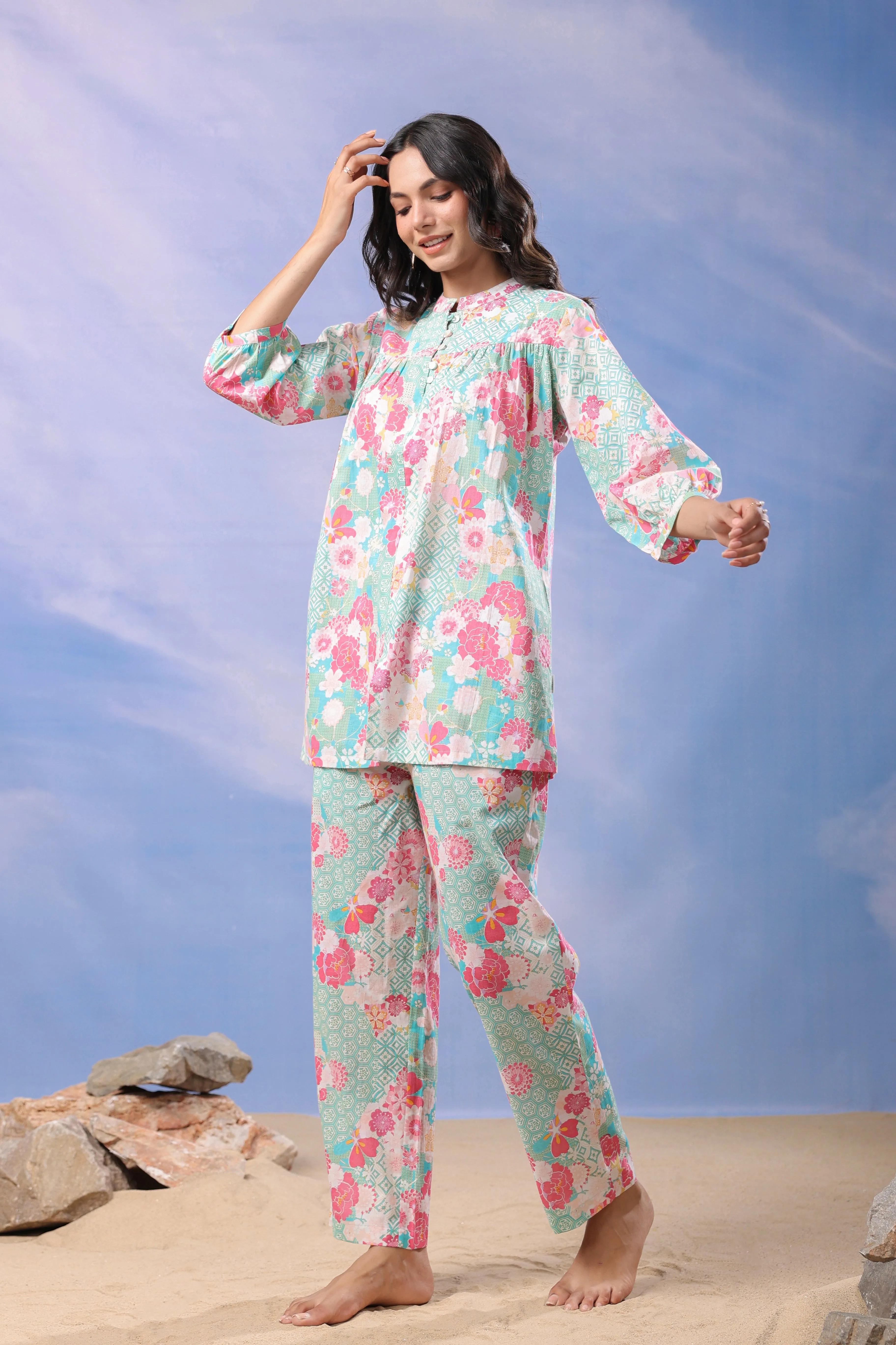 Blooming Mint Cotton Loungewear Top Set