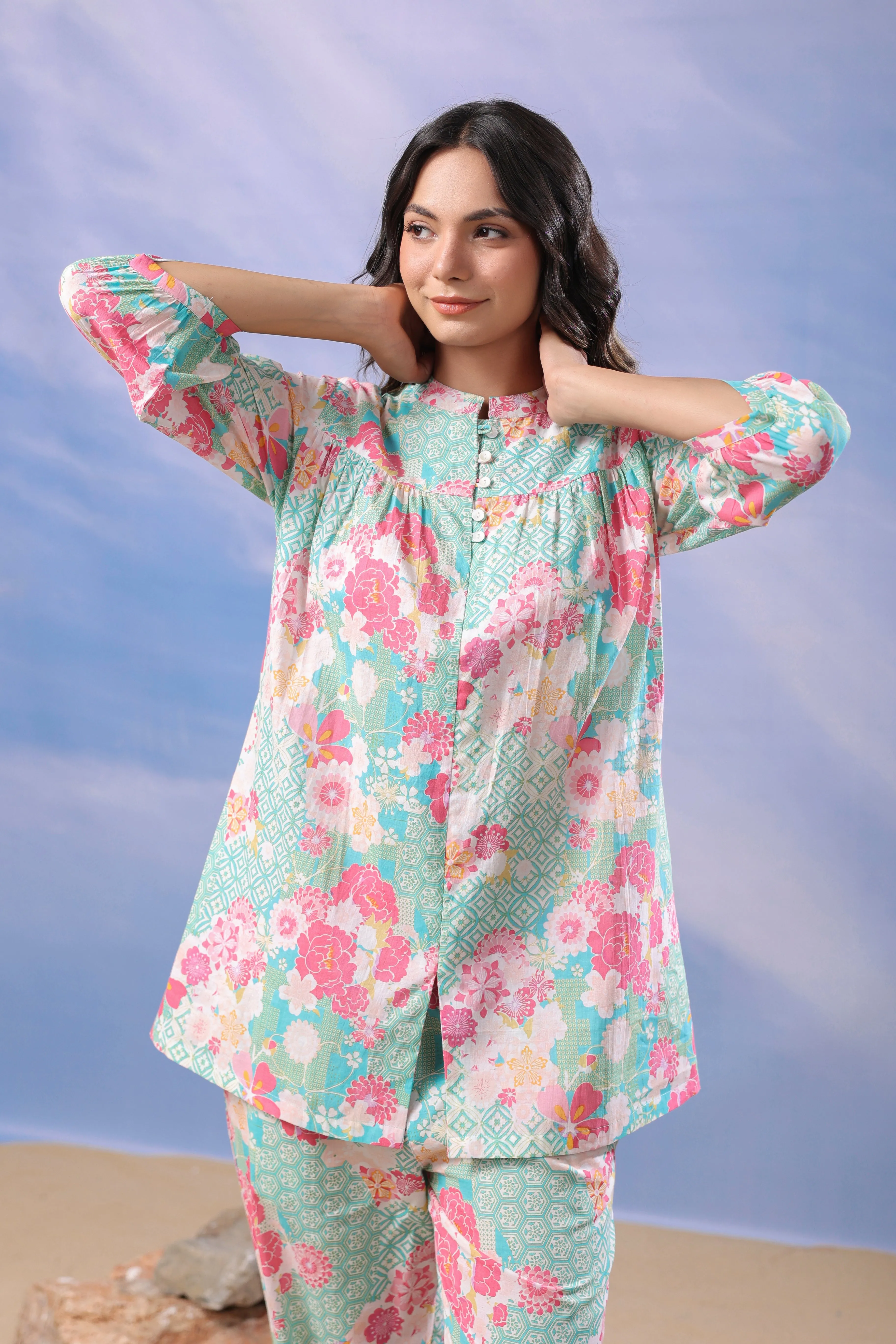 Blooming Mint Cotton Loungewear Top Set