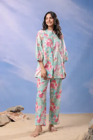 Blooming Mint Cotton Loungewear Top Set