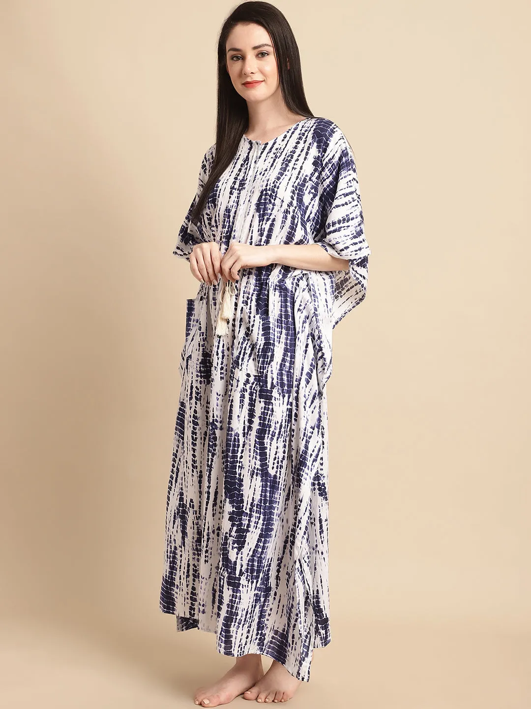 Blue Tie and Dye Print Rayon Kaftan by Shararat