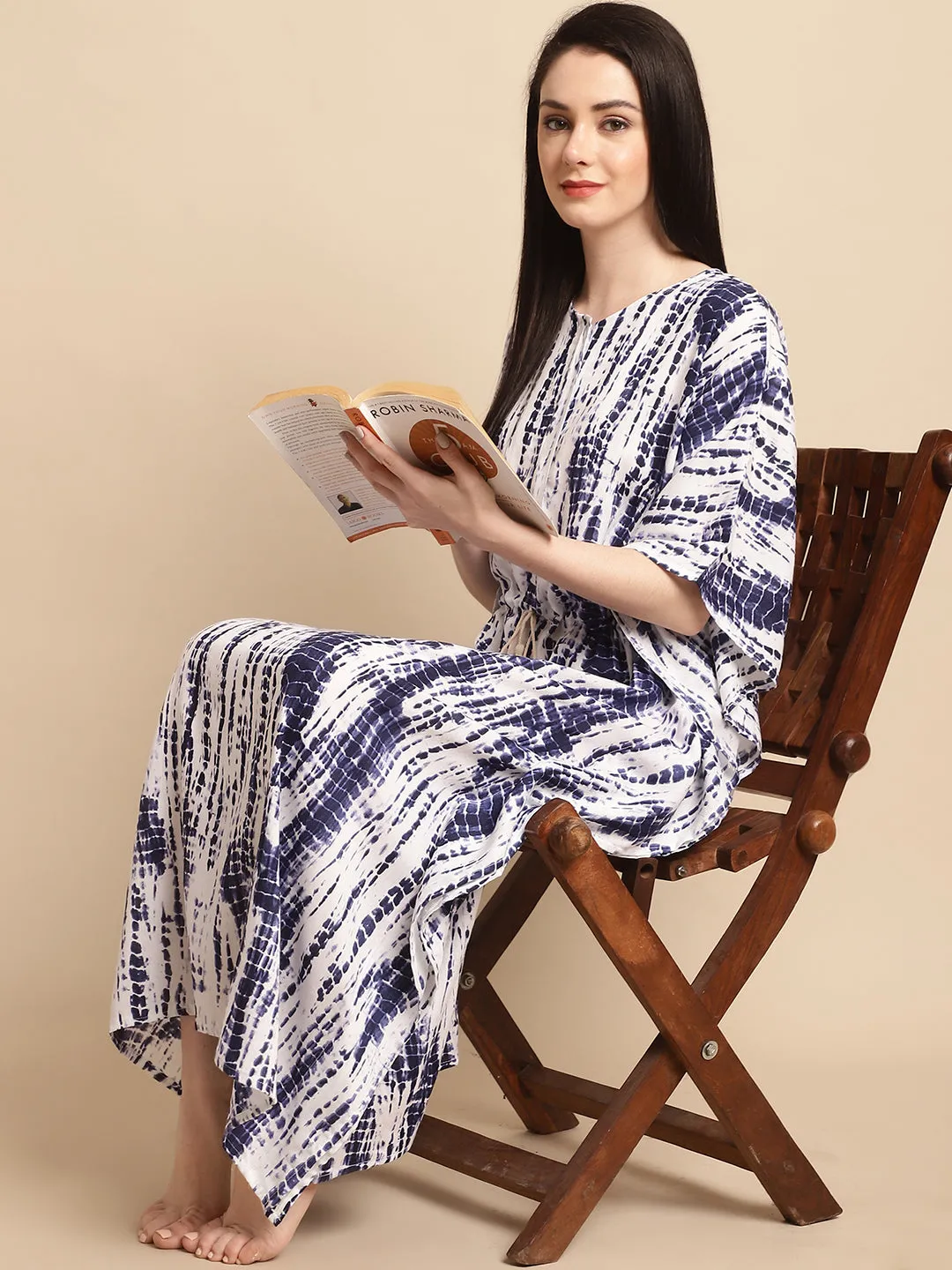 Blue Tie and Dye Print Rayon Kaftan by Shararat