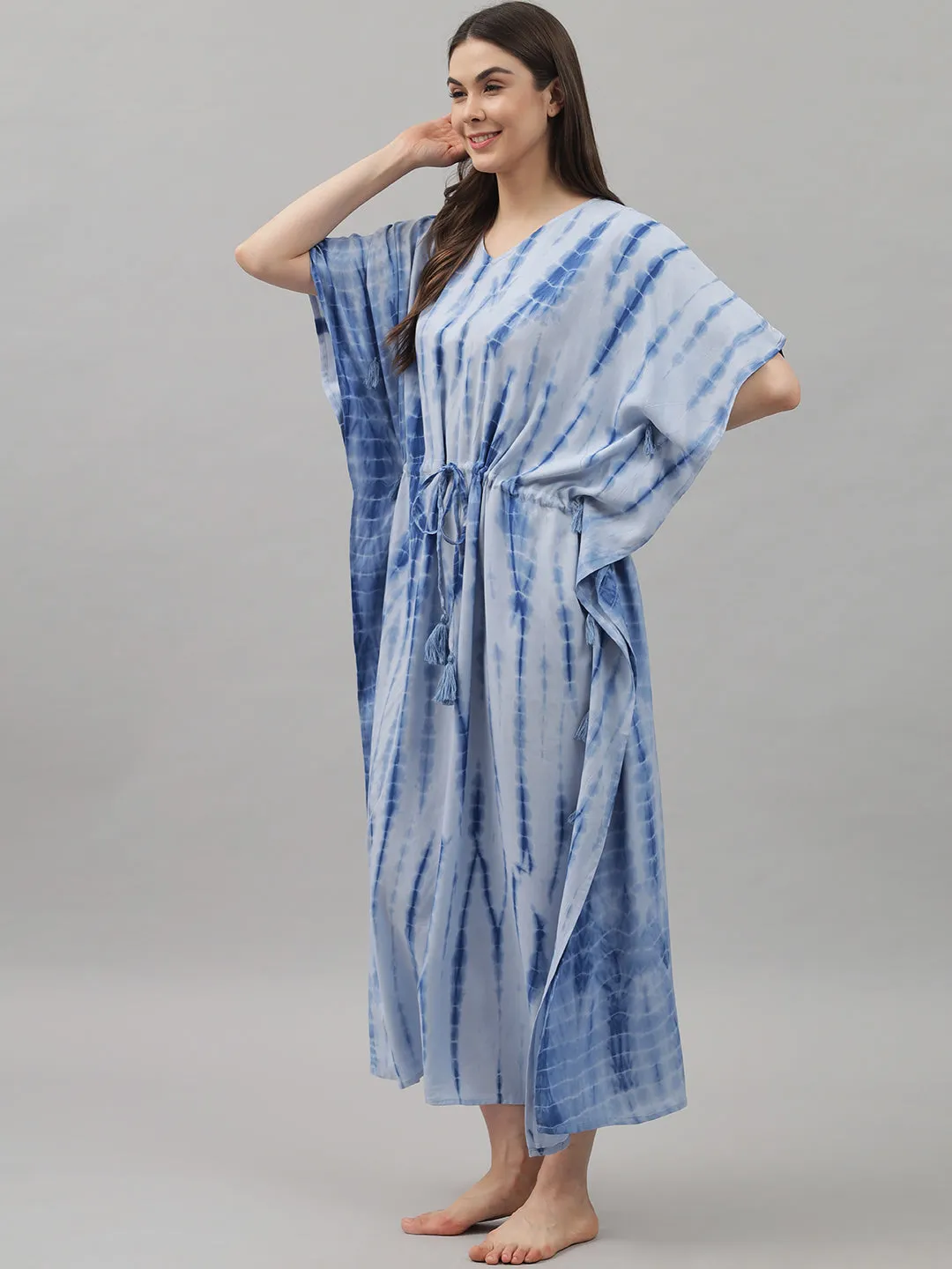 Blue Tie and Dye Print Rayon Kaftan by Shararat