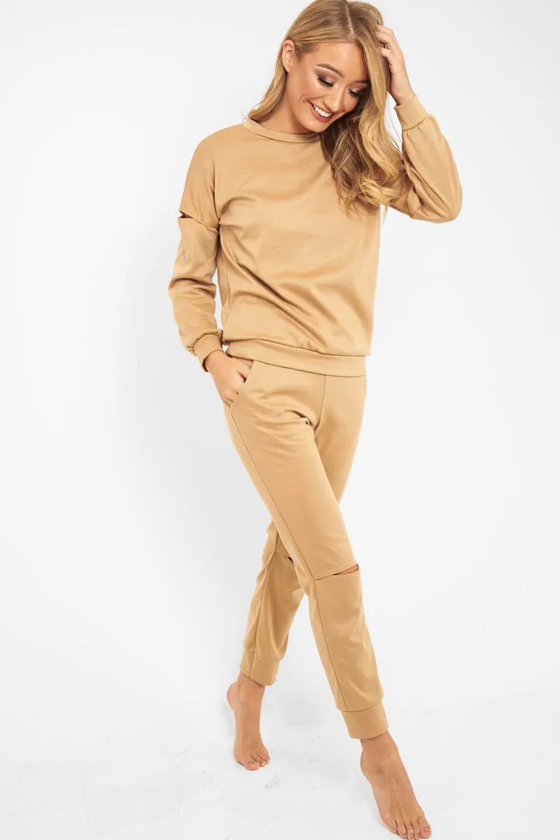 Camel Ripped Knee Cut Out Loungewear Set - Demmi