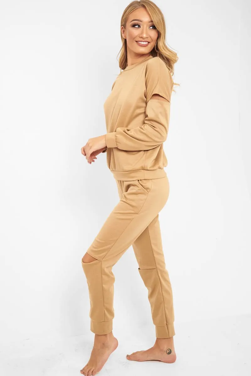 Camel Ripped Knee Cut Out Loungewear Set - Demmi