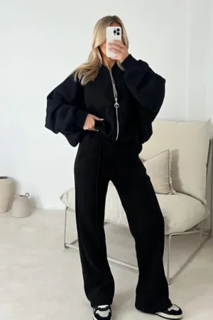 Camille black bomber jacket and straight leg jogger loungewear