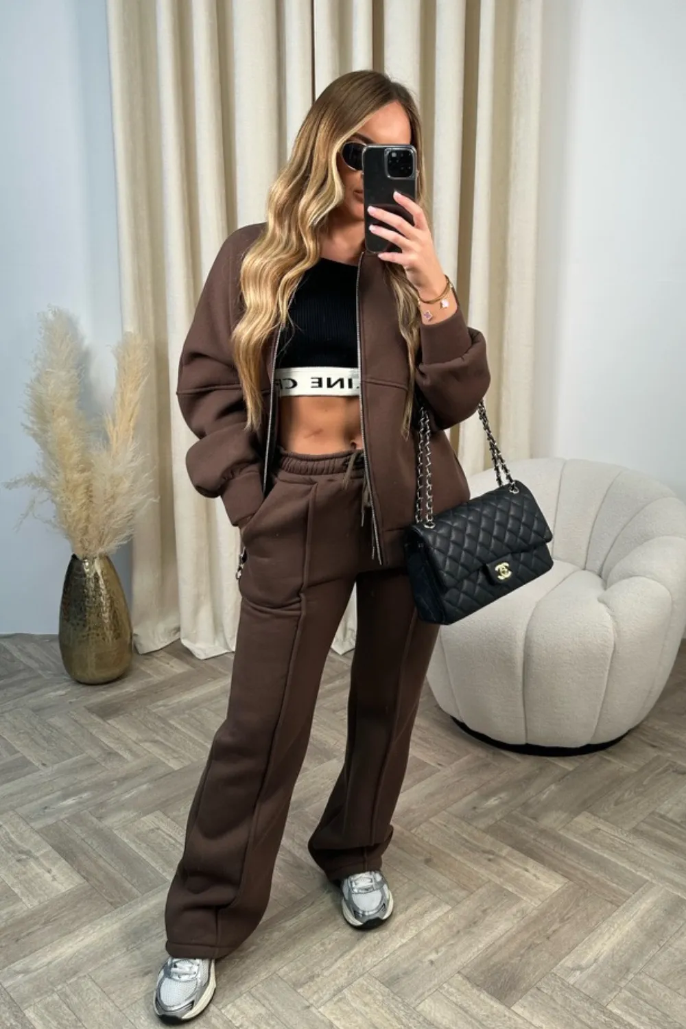 Camille chocolate bomber jacket and straight leg jogger loungewear