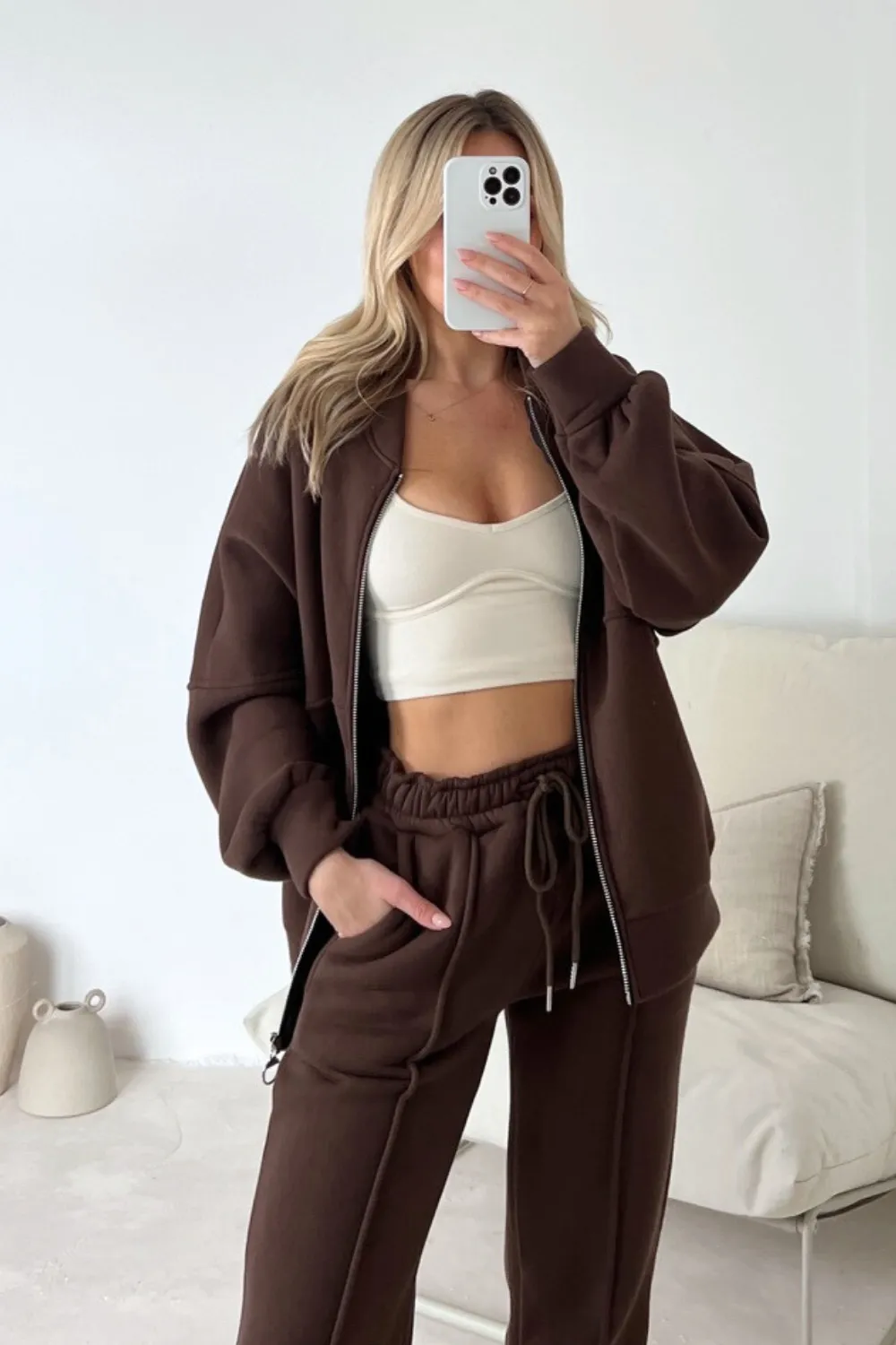 Camille chocolate bomber jacket and straight leg jogger loungewear