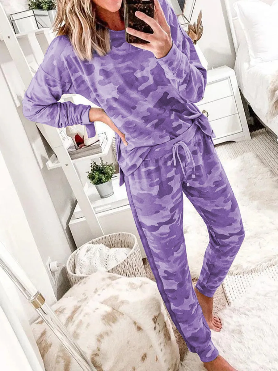 Casual Loose Camouflage Loungewear Top Pants Set