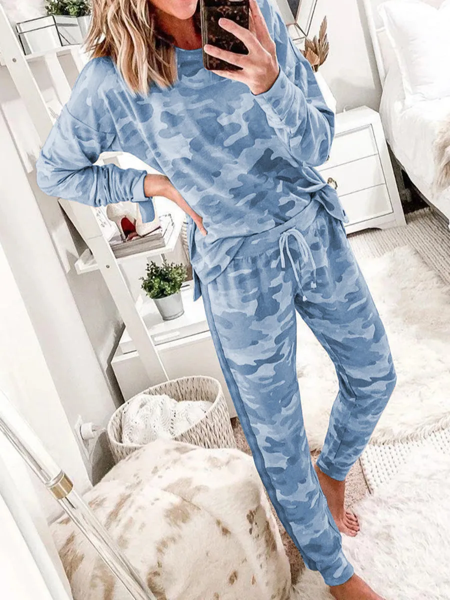 Casual Loose Camouflage Loungewear Top Pants Set