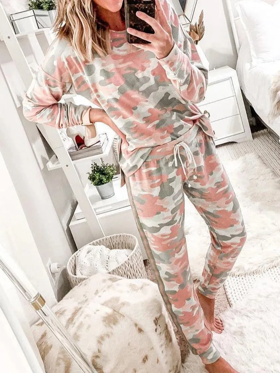 Casual Loose Camouflage Loungewear Top Pants Set