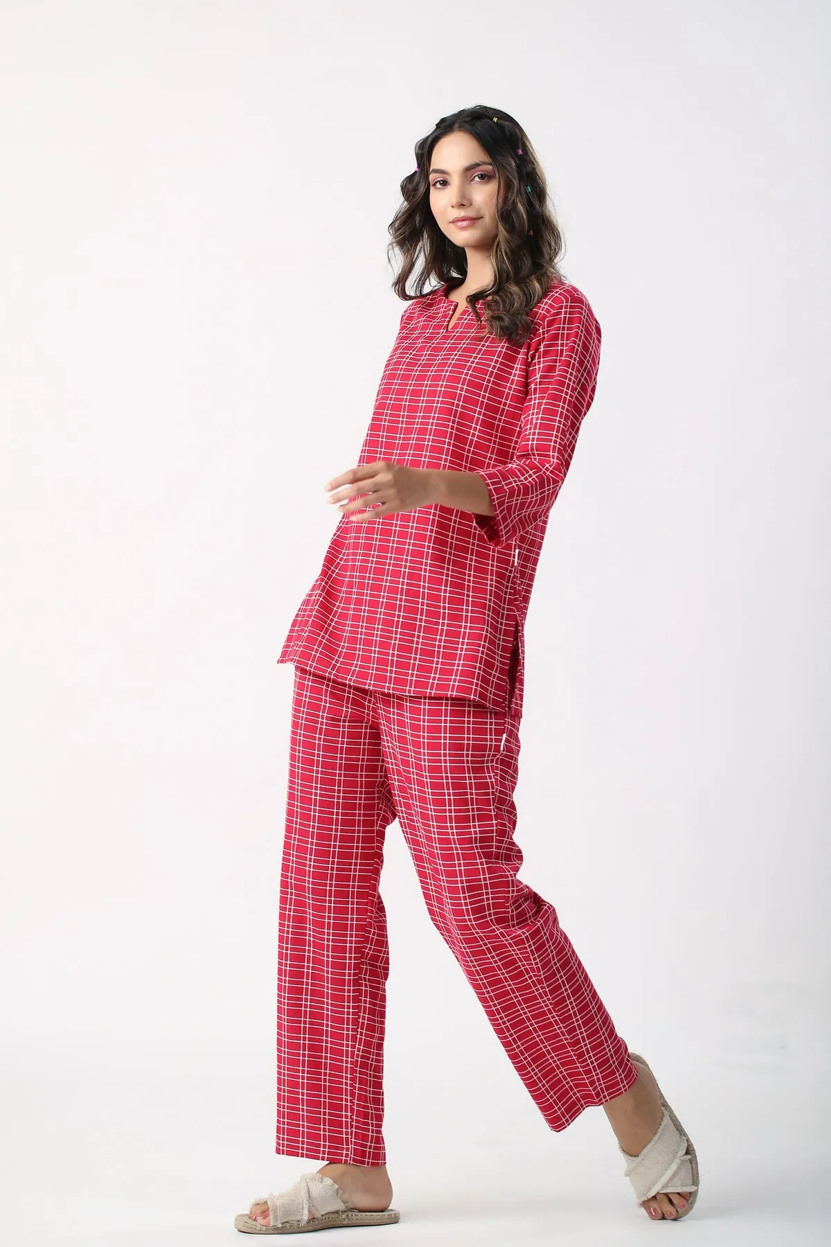 Checkered Maroon Cotton Flex Loungewear Top Set