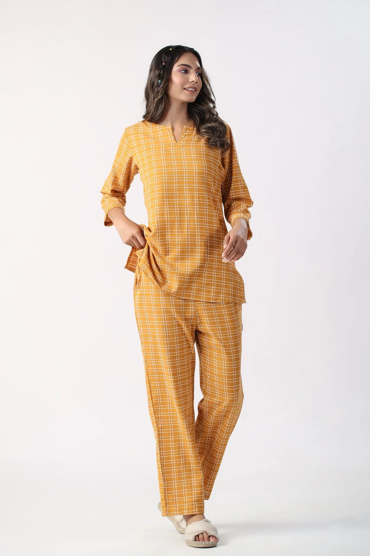 Checkered Saffron Cotton Flex Loungewear Top Set