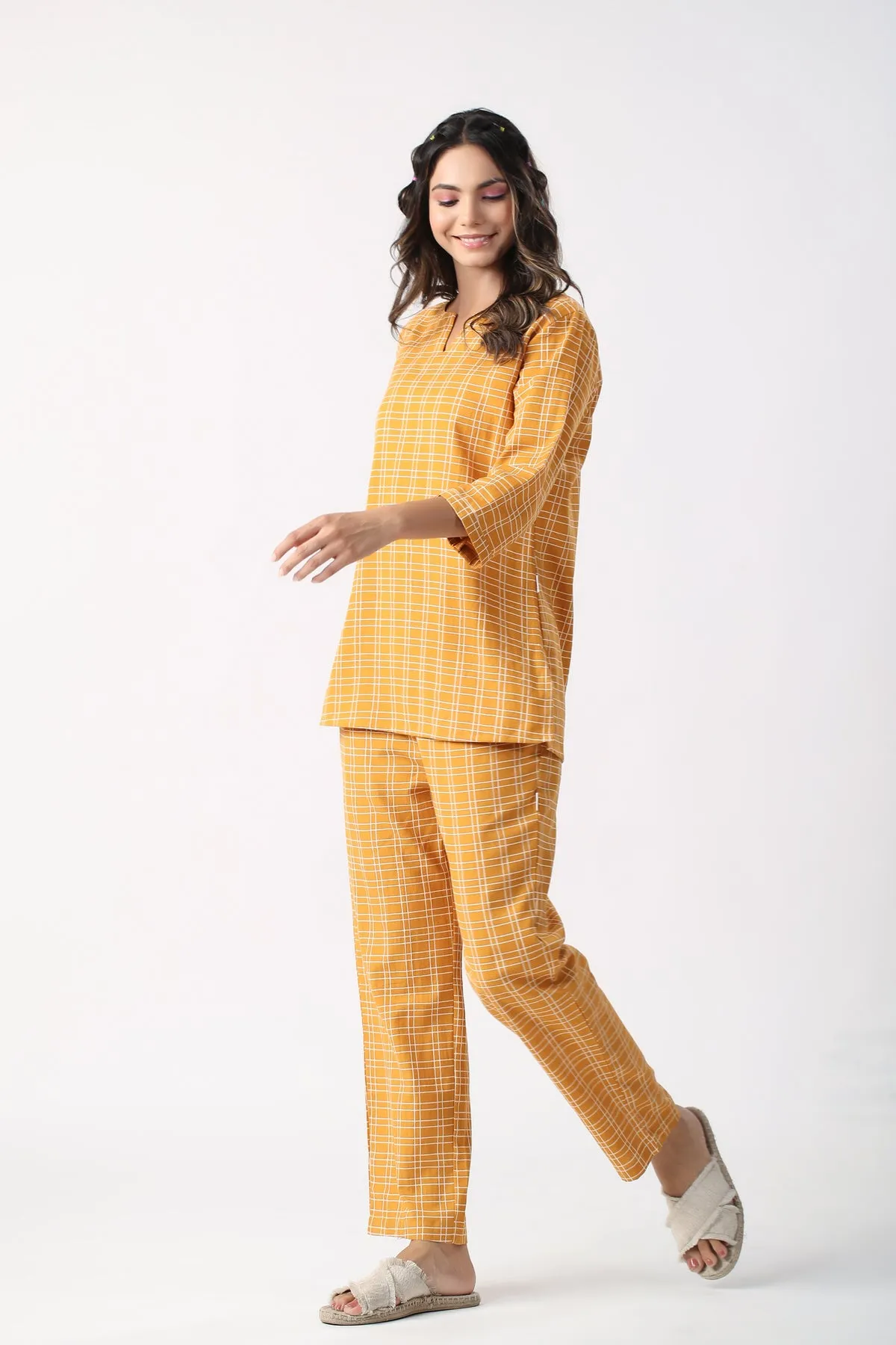 Checkered Saffron Cotton Flex Loungewear Top Set