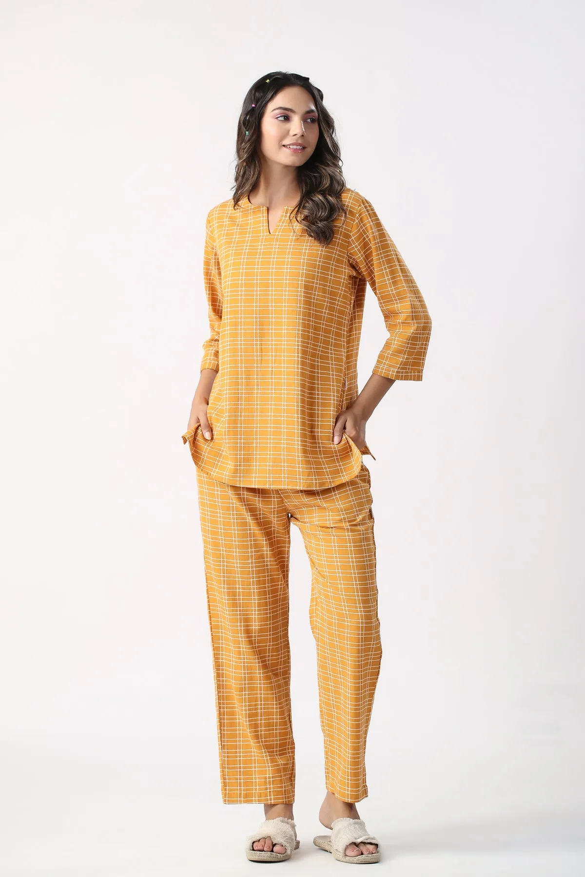 Checkered Saffron Cotton Flex Loungewear Top Set