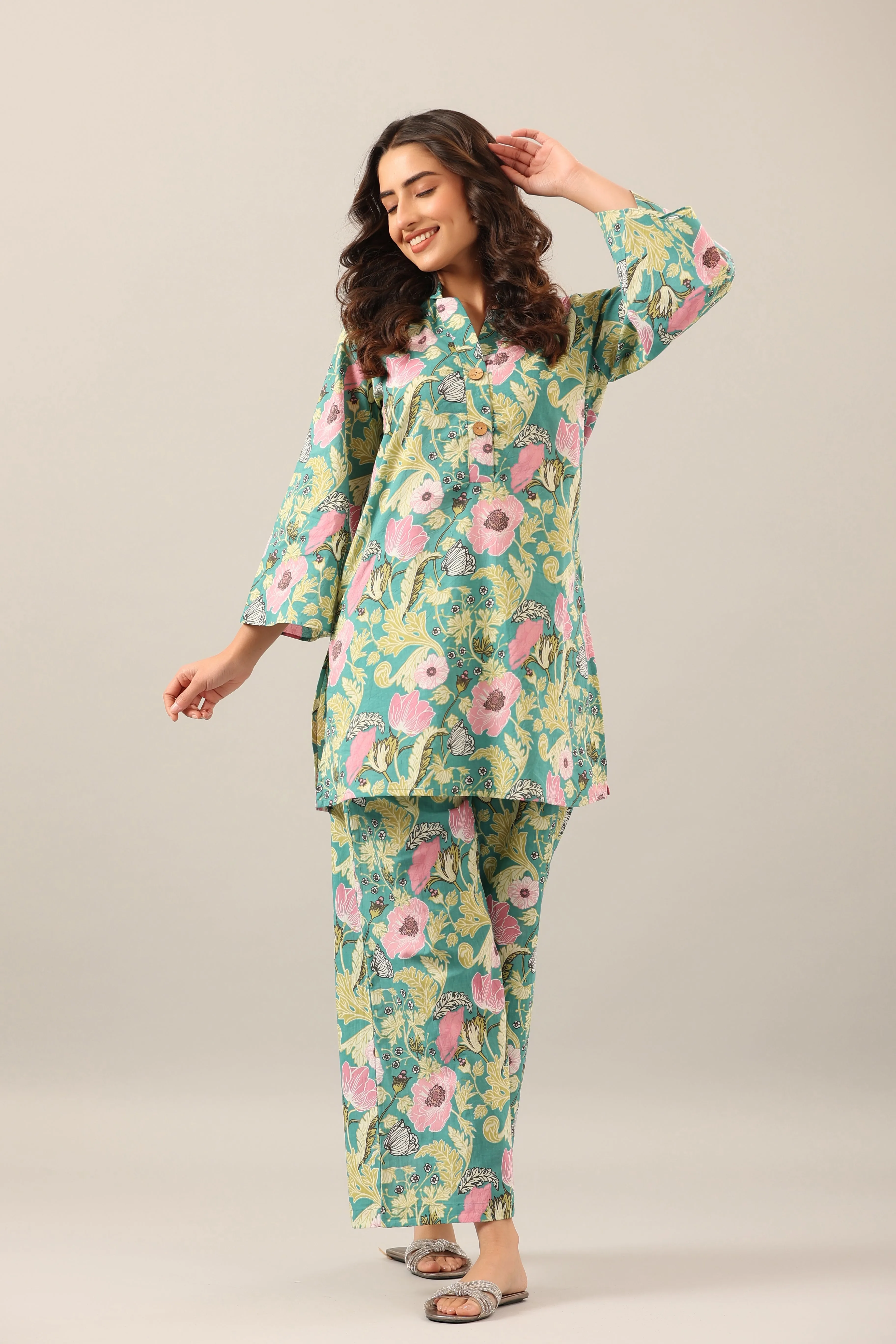 Dandelion Jaal on Green Palazzo Loungewear Set