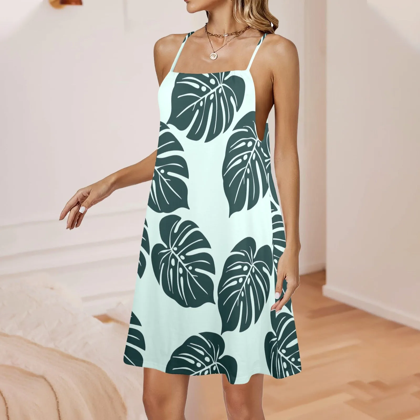 dark green light green background print Drawstring Neck Sleeveless Dress (Model D68)