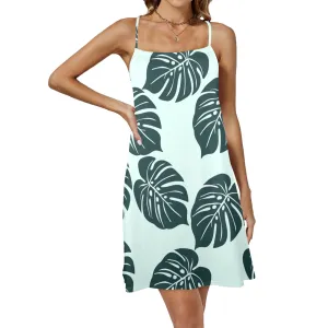 dark green light green background print Drawstring Neck Sleeveless Dress (Model D68)