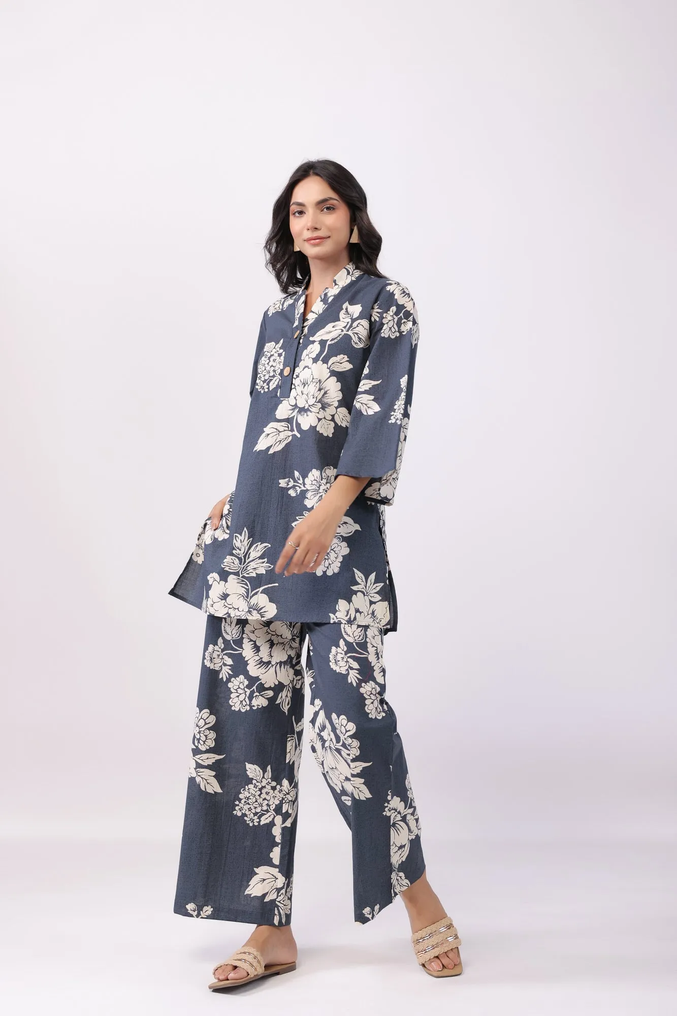 Dusk Bloom Grey Cotton Palazzo Loungewear Set