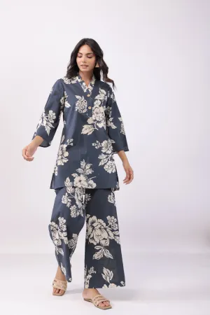 Dusk Bloom Grey Cotton Palazzo Loungewear Set