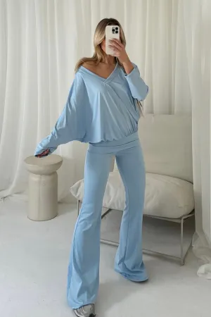 Evelyn baby blue v-neck bat sleeve loungewear set