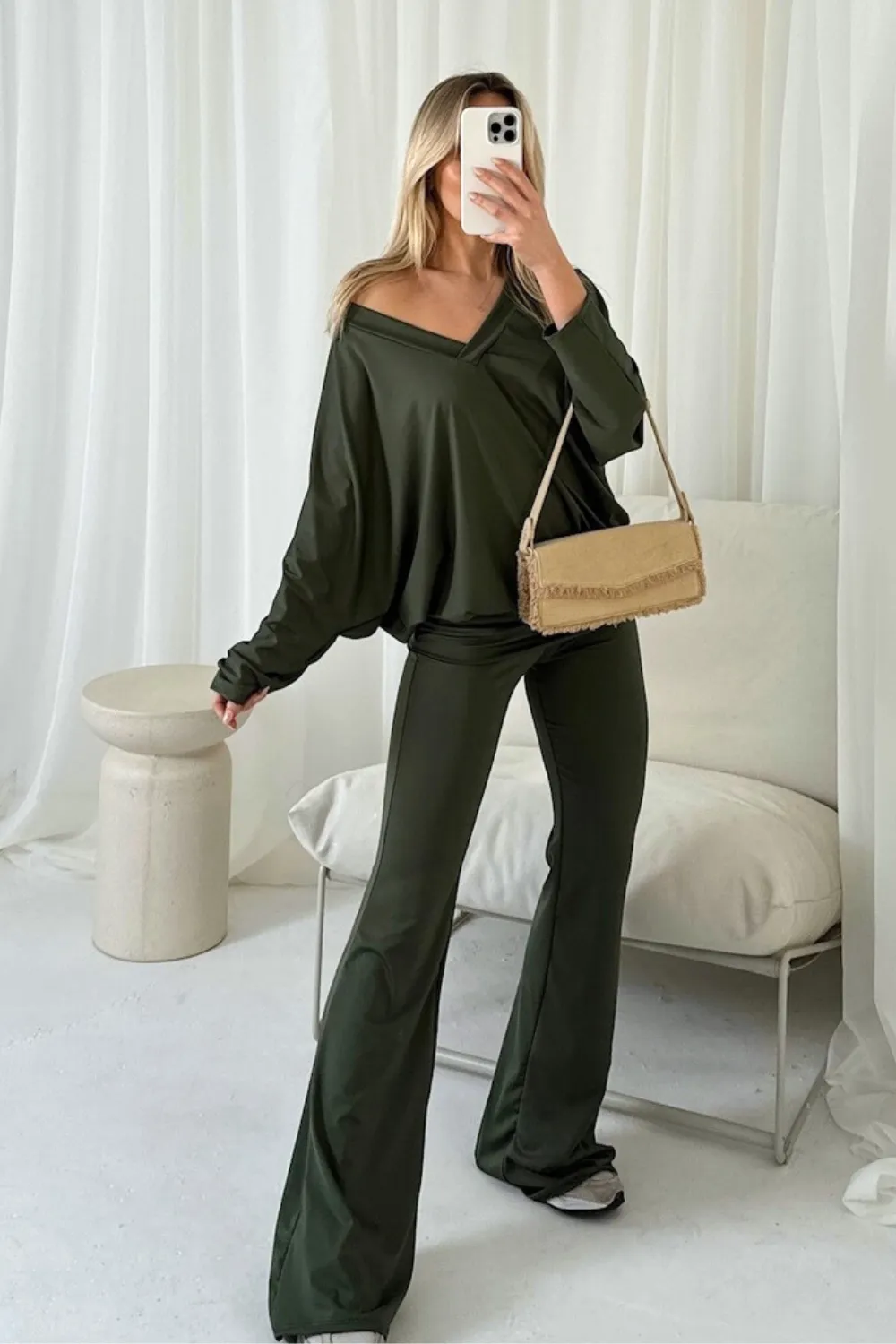 Evelyn khaki v-neck bat sleeve loungewear set