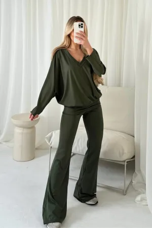 Evelyn khaki v-neck bat sleeve loungewear set