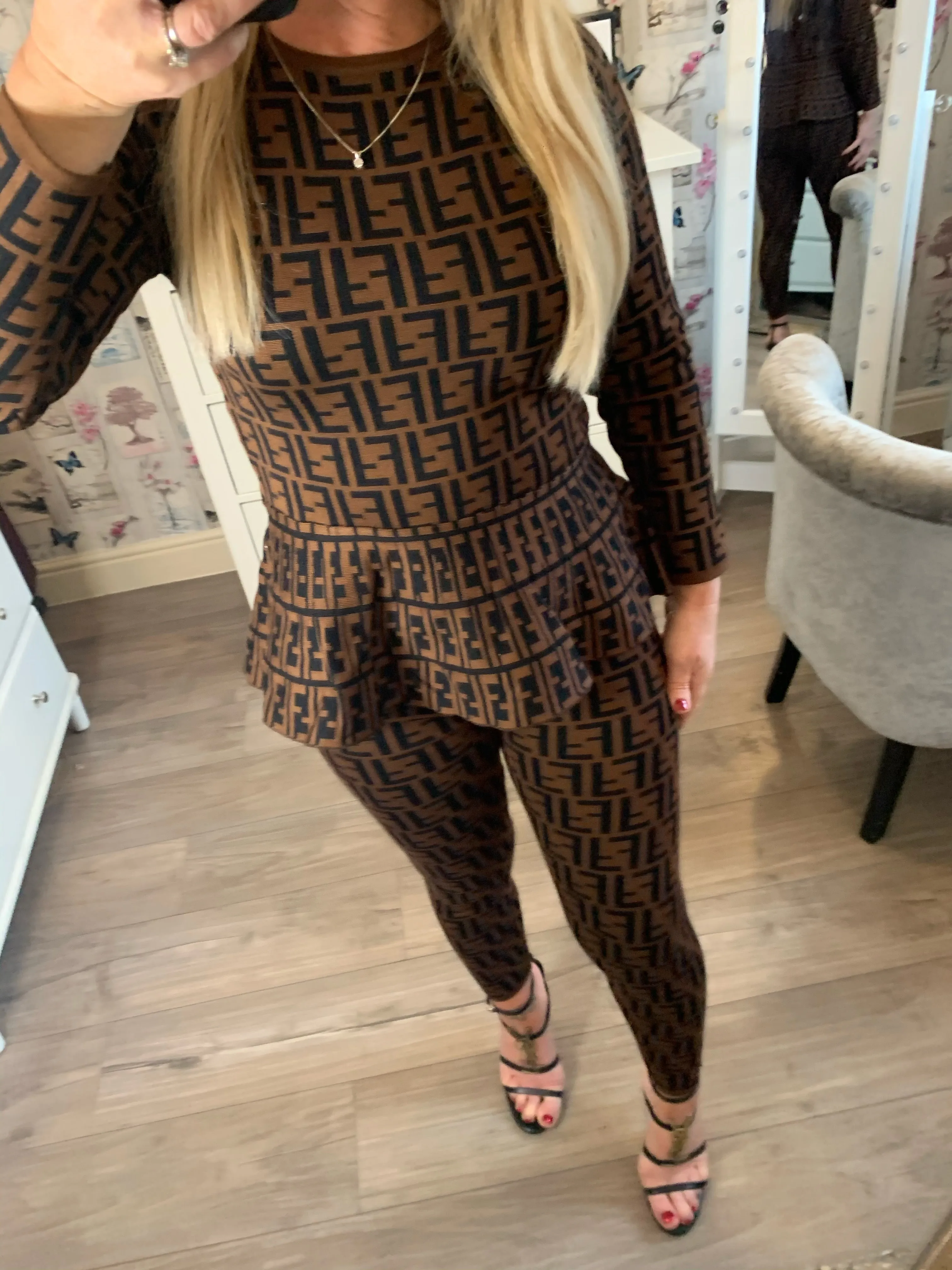 F print luxe Peplum  loungewear separates or set - brown/black