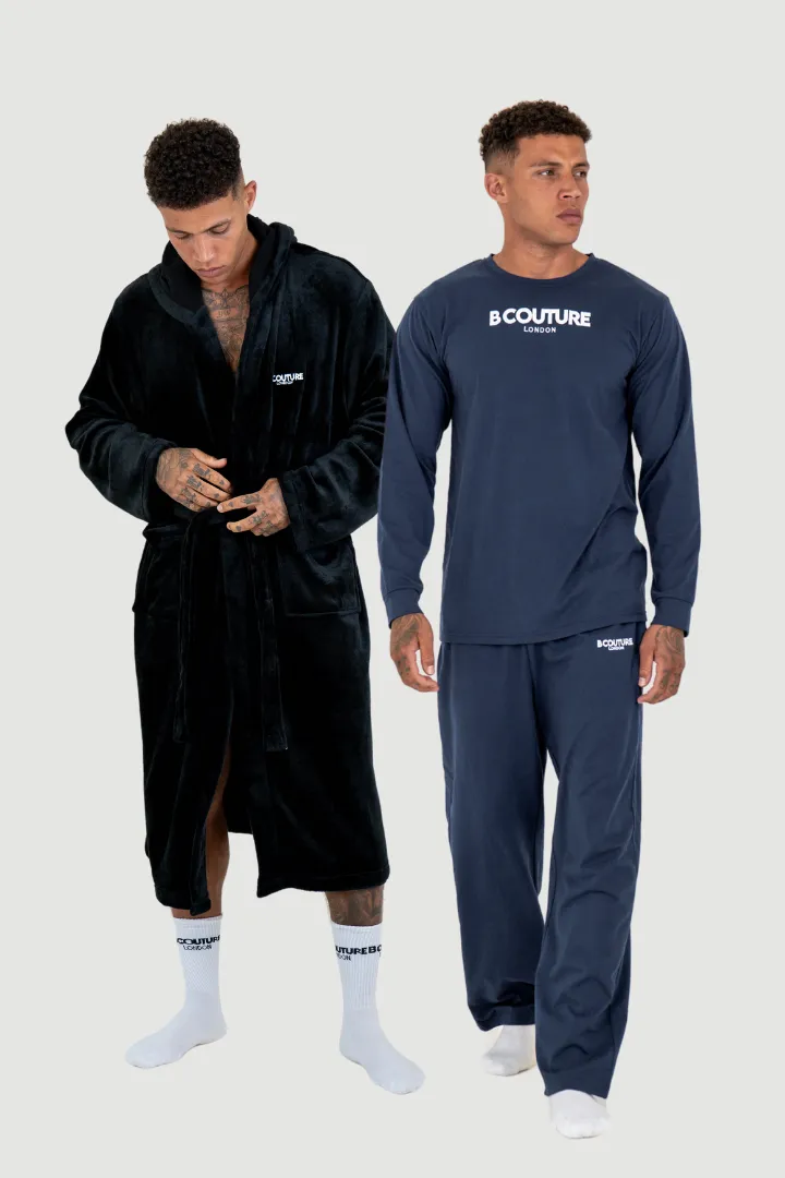 Fleece Dressing Gown & Cotton PJ Set Bundle - Black/Navy