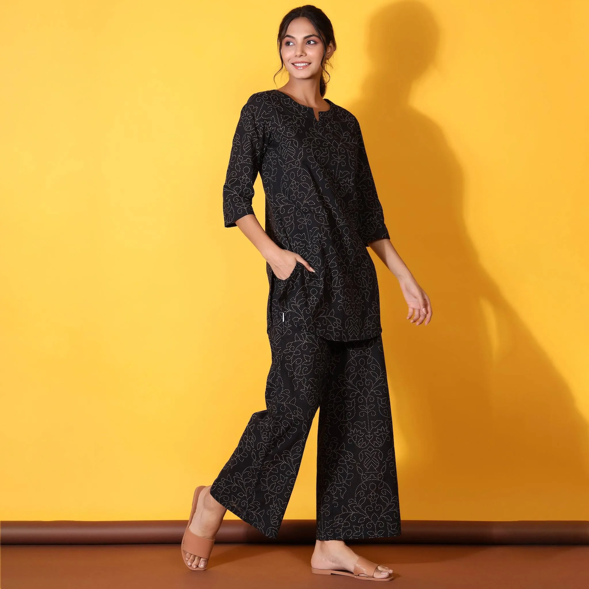 Floral Bandhani Motifs on Black Loungewear Top Set