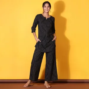 Floral Bandhani Motifs on Black Loungewear Top Set