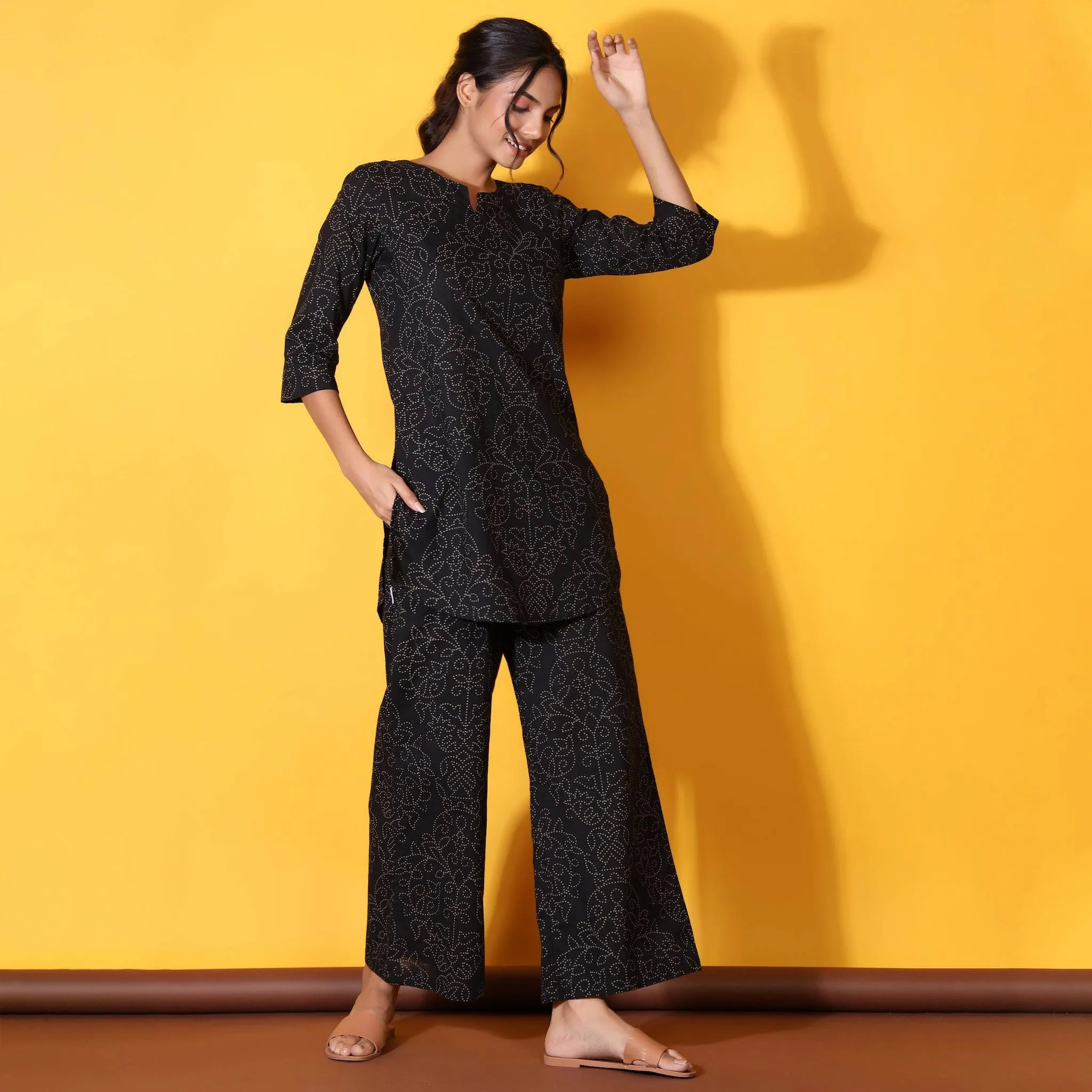 Floral Bandhani Motifs on Black Loungewear Top Set