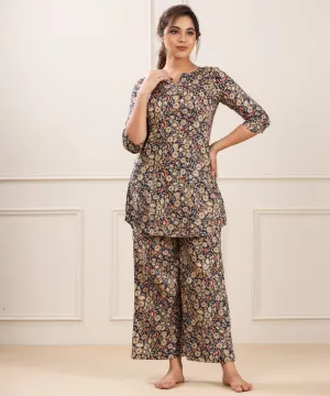 Floral Canopy on Blue cotton Palazzo Loungewear Set