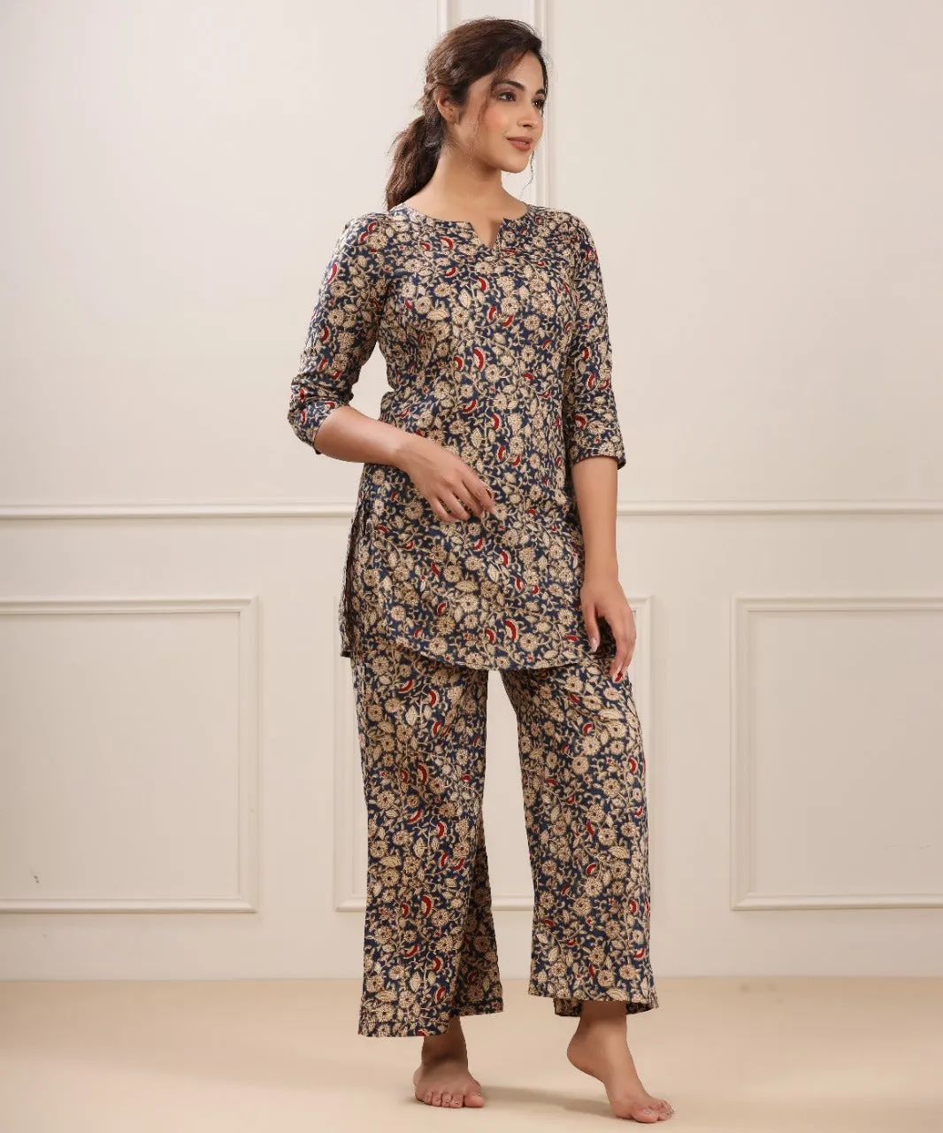 Floral Canopy on Blue cotton Palazzo Loungewear Set