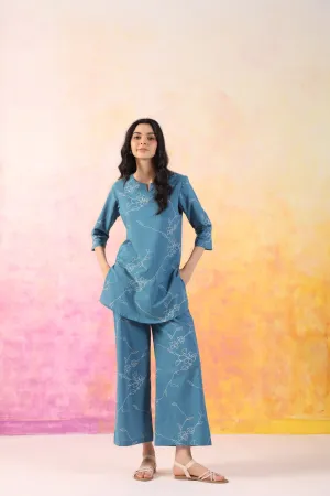 Floral Dots on Aqua Cotton Palazzo Loungewear Set