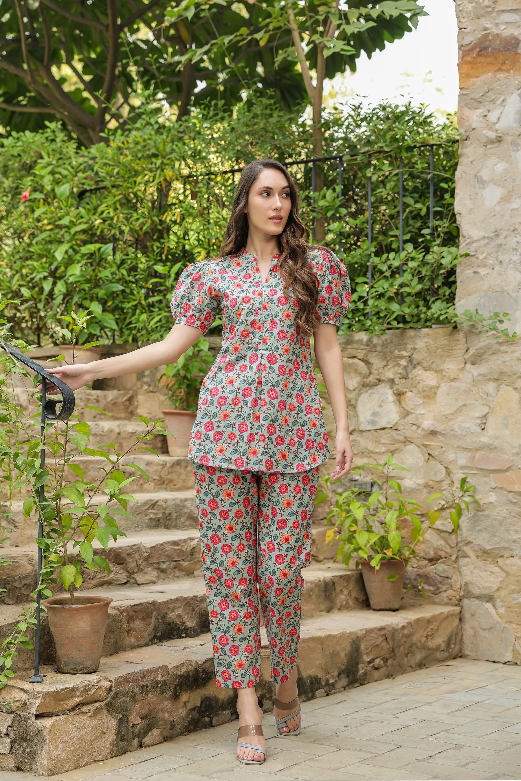 Floral folklore cotton Loungewear Top Set