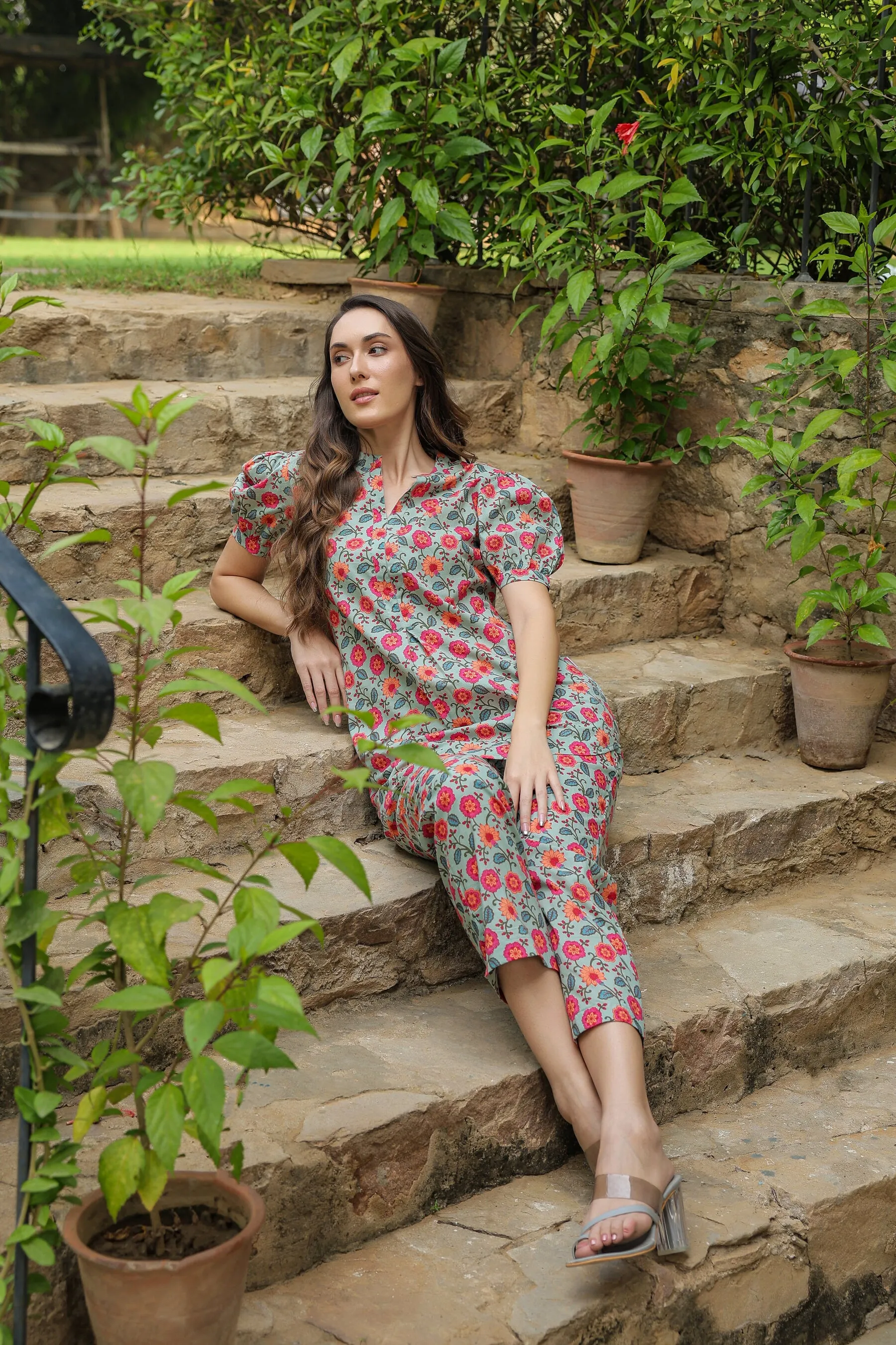 Floral folklore cotton Loungewear Top Set