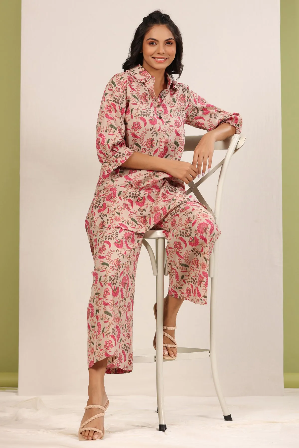 Floral Jaal on Beige Palazzo Loungewear Set