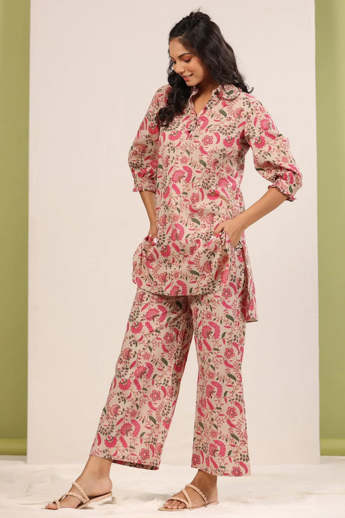 Floral Jaal on Beige Palazzo Loungewear Set