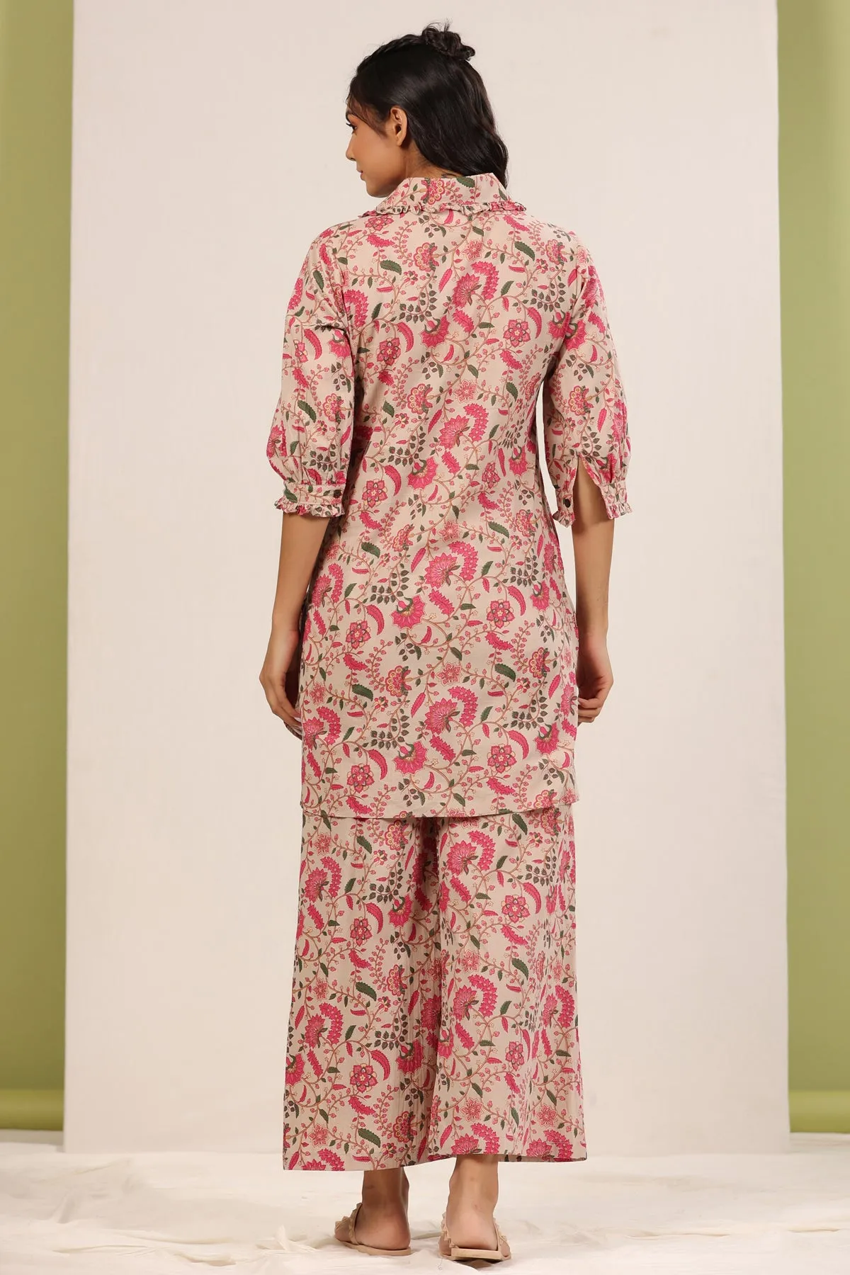 Floral Jaal on Beige Palazzo Loungewear Set